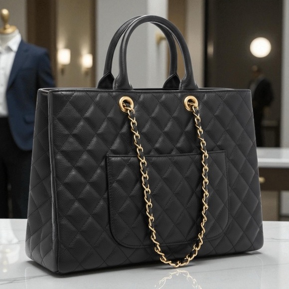 Large New Black Pebbled Leather Quilted Tote Handbag antique gold chain - Picture 3 of 5